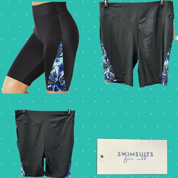 Swimsuits For All 12 Black Leaf Teal Print On Sides Pull-On Swim Bike Shorts - Picture 1 of 5